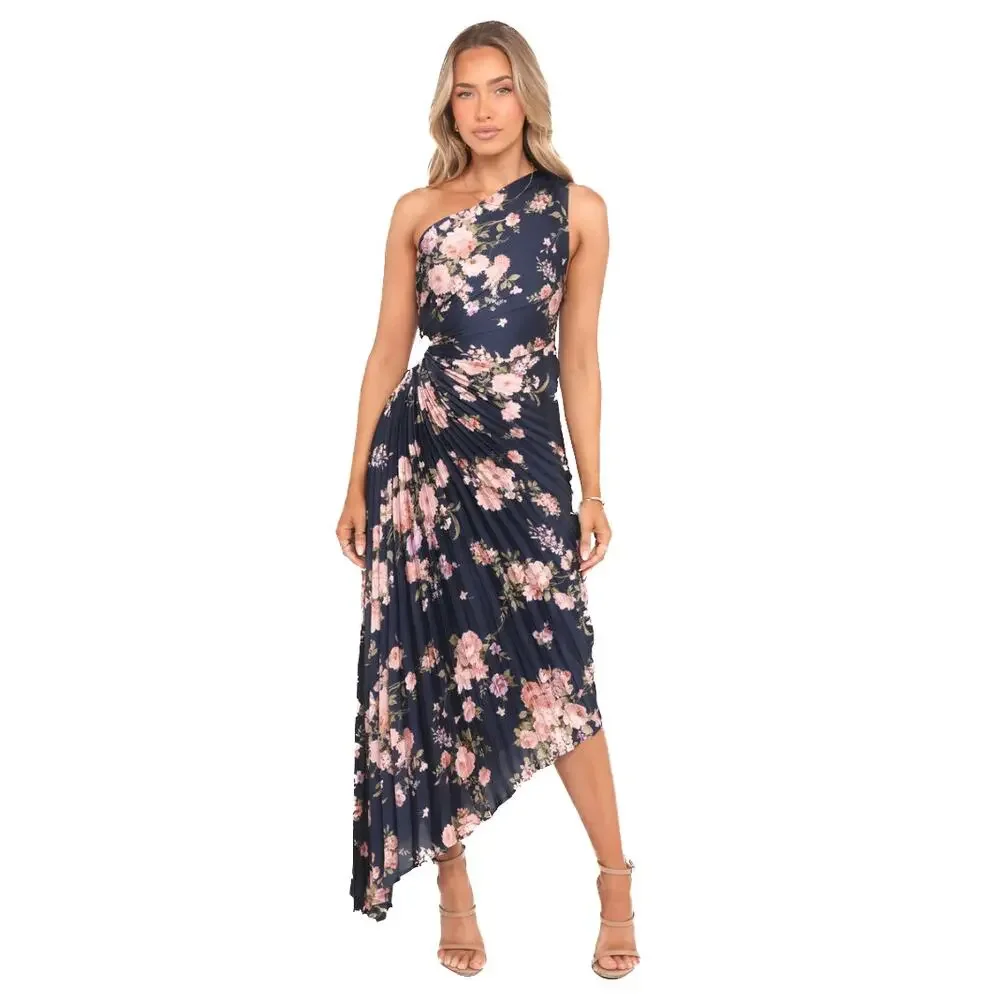 Petal & Pup Pleated Navy Floral One Shoulder Kleo Maxi Dress Size S - Picture 14 of 14